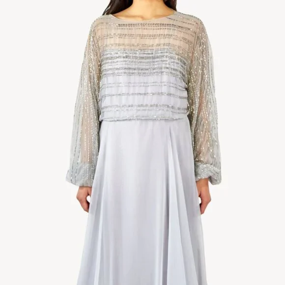 malcolm starr | Dresses | Bill Tice For Malcolm Starr Long Sleeve Sheer  Beaded Gown Formal Grey Periwinkle | Poshmark